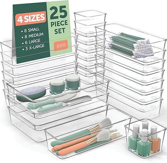 25 PCS Clear Plastic Drawer Organizers Set