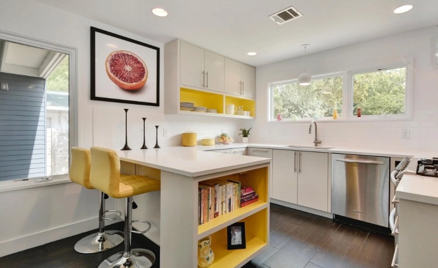 small white and yellow kitchen